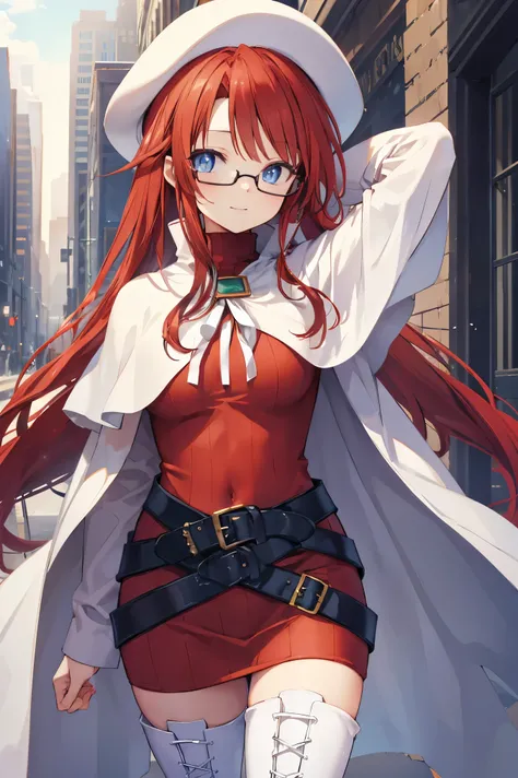 summonnightaty, aty, (young:1.3),long hair, blue eyes, red hair, large_beret, hat, glasses,
BREAK long hair, thighhighs, hat, dress, boots, glasses, belt, cape, sweater, zettai ryouiki, beret, thigh boots, white footwear, ribbed sweater, loose belt,solo,
B...