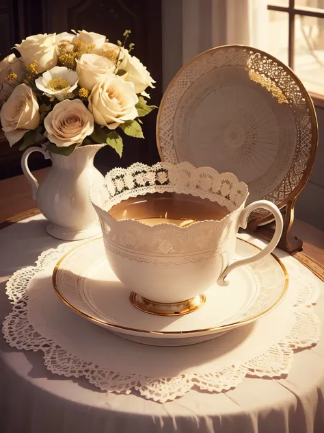 Vintage Elegance: Picture a delicate glass cup with intricate etched patterns and a golden rim. The cup is placed on a lace doily, surrounded by vintage tea accessories and a small bouquet of dried flowers, evoking a sense of timeless elegance.