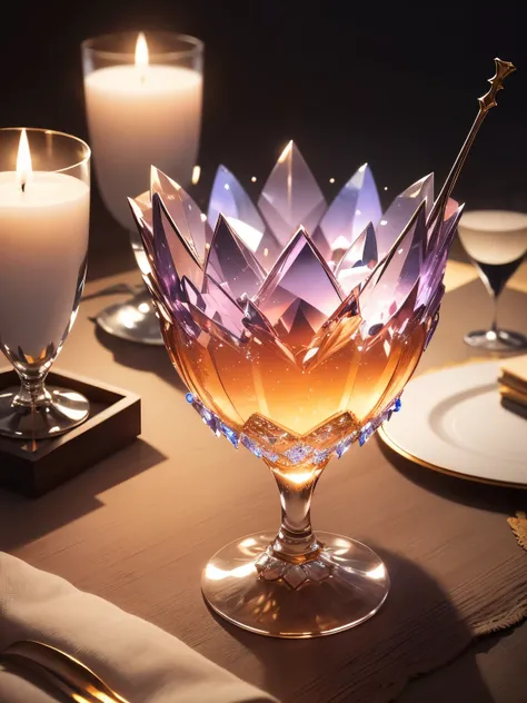 Elegant Crystal: Envision a finely cut crystal glass cup that catches and refracts light beautifully. The cup is filled with a sparkling beverage, and the setting includes other crystal items and soft candlelight to enhance its luxurious appearance.

