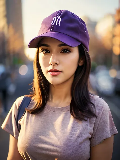 Professional looking photo mockup for a Bella canvas t shirt, a adult age 22 urban hispanic woman wearing a plain, heather team purple color t shirt and a yankee hat, front  view for the photo, a NYC  background that has a blurred portrait effect 