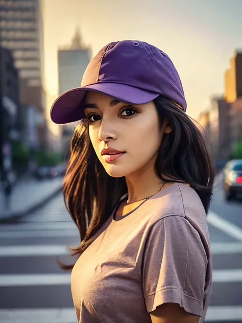 Professional looking photo mockup for a Bella canvas t shirt, a adult age 22 urban hispanic woman wearing a plain, heather team purple color t shirt and a yankee hat, front  view for the photo, a NYC  background that has a blurred portrait effect 