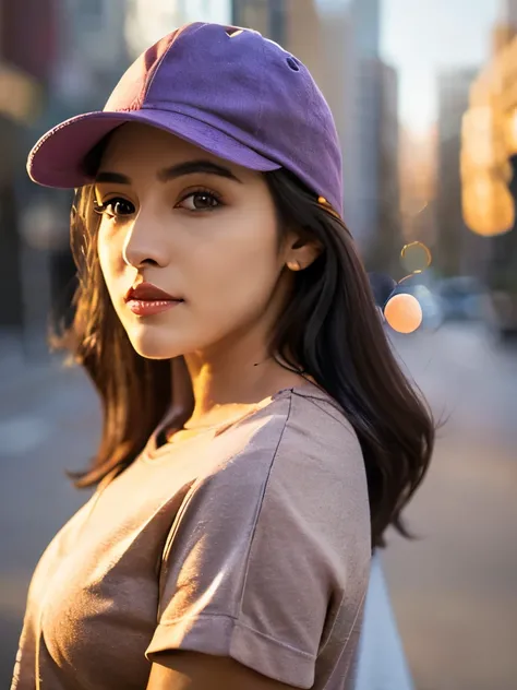 Professional looking photo mockup for a Bella canvas t shirt, a adult age 22 urban hispanic woman wearing a plain, heather team purple color t shirt and a yankee hat, front  view for the photo, a NYC  background that has a blurred portrait effect 