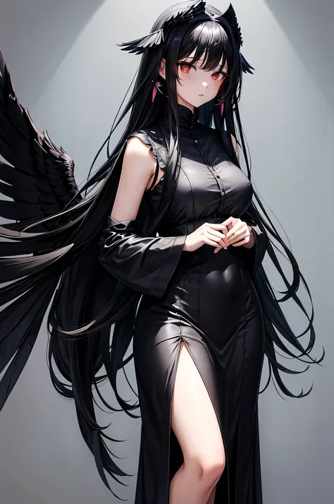 Long black hair, wing-shaped hair accessories, black dress, height 180cm, medium breasts, black-winged angel