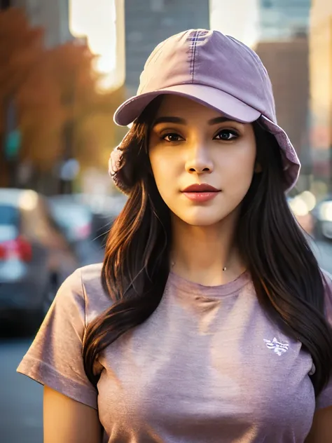 Professional looking photo mockup for a Bella canvas t shirt, a adult age 22 urban hispanic woman wearing a plain, heather team purple color t shirt and a yankee hat, front  view for the photo, a NYC  background that has a blurred portrait effect 