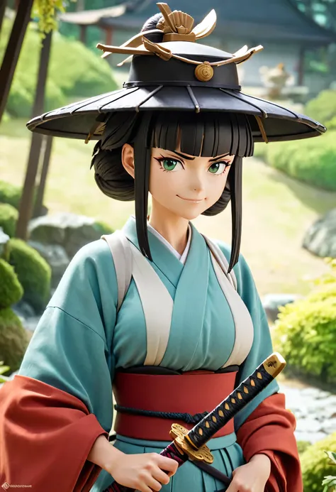 Masterpiece, anime style, studio Ghibli look, Female samurai in a ancient Japanese garden,, katana on her belt, hat, upper body, busty,smirk, green eyes