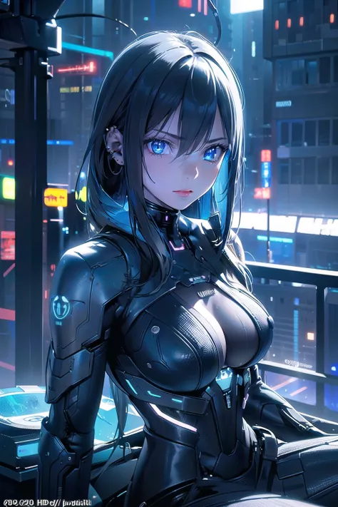 A young girl with dark hair and piercing, predatory bright blue eyes, beautiful detailed eyes,beautiful detailed lips,extremely detailed eyes and face,small breasts, longeyelashes, sitting confidently in her cyberpunk outfit, cowboy shot, 1girl, digital ar...