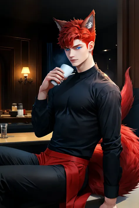 young boy with red hair and blue-eyed wolf ears and tail, wearing a black shirt, was drinking coffee.