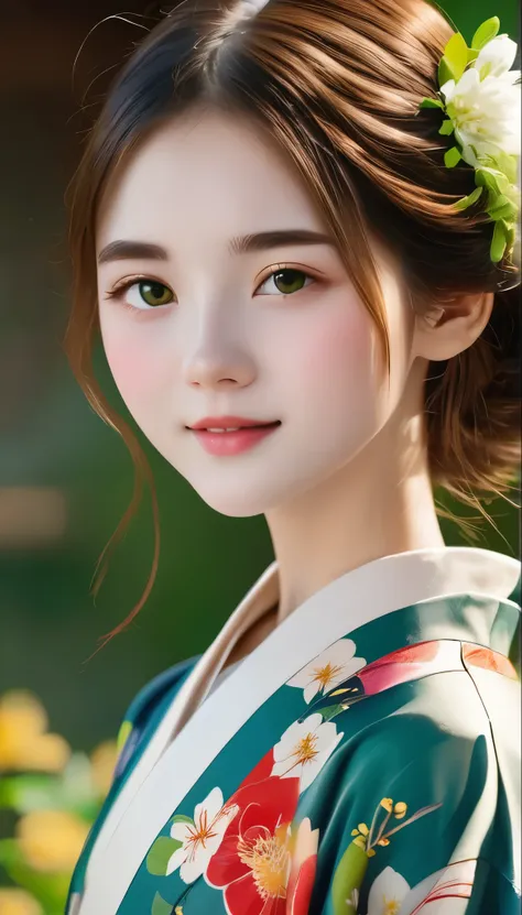 (((RAW Photos:1.1、Realistic:1.2、Filmglen)))、highest quality、Masterpiece、Girl in kimono costume with flowers in her hair, Cute waifu in a nice dress, Portrait of a beautiful girl, Young girl, in kimono, In kimono, pretty girl, Beautiful girls, pretty girl p...