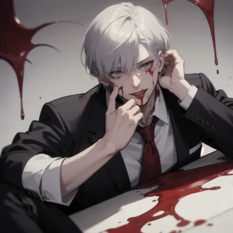 ((best quality)), ((masterpiece)), (detailed), a man in a suit and tie sitting on the floor with his hands on his, his eyes are bleeding intense, kaneki ken, portrait gapmoe yandere grimdark, ken kaneki, l vampire, [[blood]], realistic anime style at pixiv...