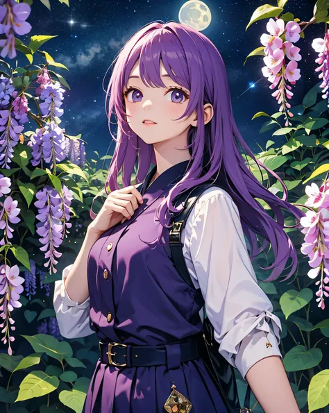 ((masterpiece, best quality, extremely detailed, absurdres)),Fantastical、Wisteria in full bloom on the wisteria trellis、The moon is shining gently、A cute girl looks up and looks at the wisteria.、The starry sky is sparkling and you can see the Milky Way、hig...