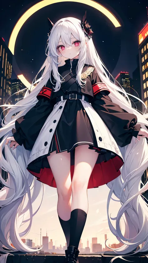 One girl, Beautiful fine details, Long white hair, eyes are a little red, , Black knee-high socks, Shiny skin, city, night, High Contrast, ((masterpiece, highest quality))
