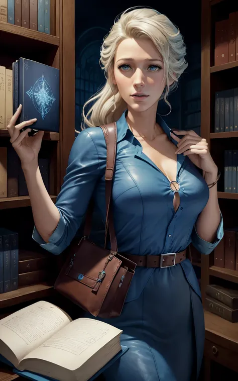 (Blake Lively:Elsa Pataky) is a librarian grabbing a book with strange symbols in the cover, (leather tote bag) . ((Blue shirt with white neck)) , Lovecraft atmosphere, 1920 style, masterpiece. 