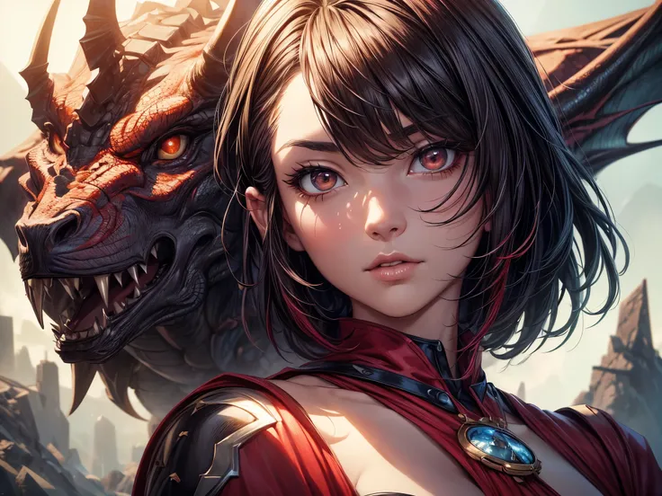 (big dragon in background:1), dragon in background, a girl with her pet dragon in the background, red fire theme, dark aesthetic, girl with bob haircut, detailed face, detailed eyes and lips, detailed dragon, dramatic lighting, cinematic composition, fanta...