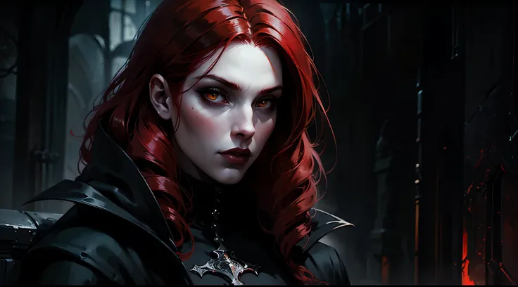 woman with red hair and yellow eyes in black outfit, vampire girl, dark, but detailed digital art, dark fantasy style art, portr...