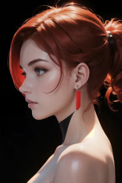 girl with low cut red hair, red eyes, futuristic vibes,  side profile view, earings, 8k, high quality, simple background, glowing eyes, nice pose