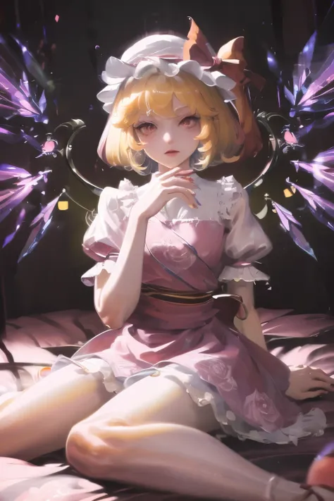 touhou project, Flandre Scarlet sitting on the bed wearing JK, Cross your hands at your waist, Light yellow hair, Warm lighting, Blurred foreground, Lovely, Change, Japanese cartoons, 4k, With devil wings, Shower cap, masterpiece, Upper Body