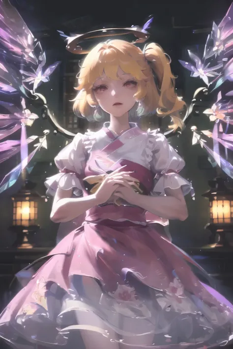 touhou project, Flandre Scarlet crossed her arms at her waist, Light yellow hair, Warm lighting, Blurred foreground, Lovely, Change, Japanese cartoons, 4k, With devil wings