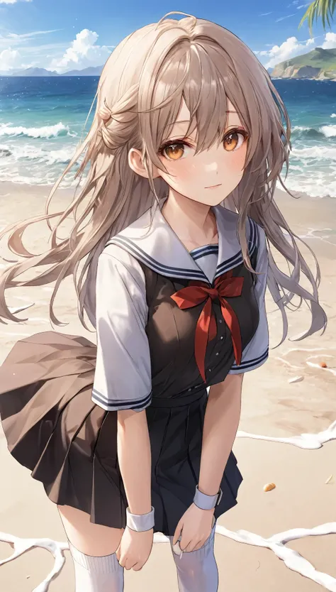 ((masterpiece)), ((highest quality)), ((High resolution)), ((Highly detailed CG Unity 8k wallpaper)), alone, tachibana kanade, Brown uniform, Black Skirt, White socks, Outdoor, face, Beach, Hanging hair, Parted hair, Silver Hair, 笑face,
