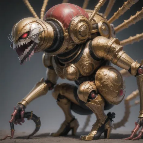 a close up of a golden spider with a 紫粉白 body and legs, steampunk spider, Mechanical spider red and white legs, arachnid, lolth, arachne, spider, steampunk robot scorpion, highly detailed barlowe 8 k, Bright orange legs large, sculpture made of gold, by Hi...