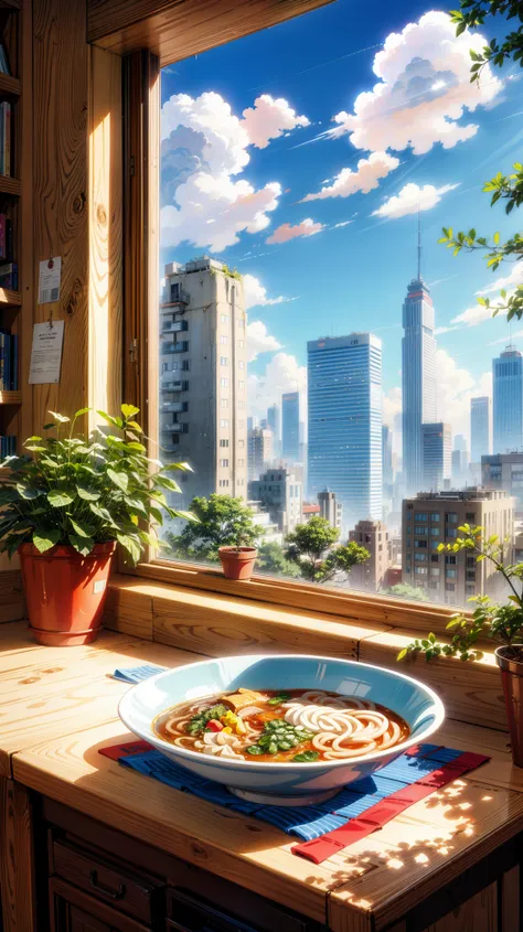 a painting of a bowl of ramen noodles sitting on a counter in front of a window, hd anime cityscape, anime scenery, anime style cityscape, screenshot from a 2012s anime, saturated colors, cgsociety 9, anime scenery concept art, rio de janeiro in an anime f...