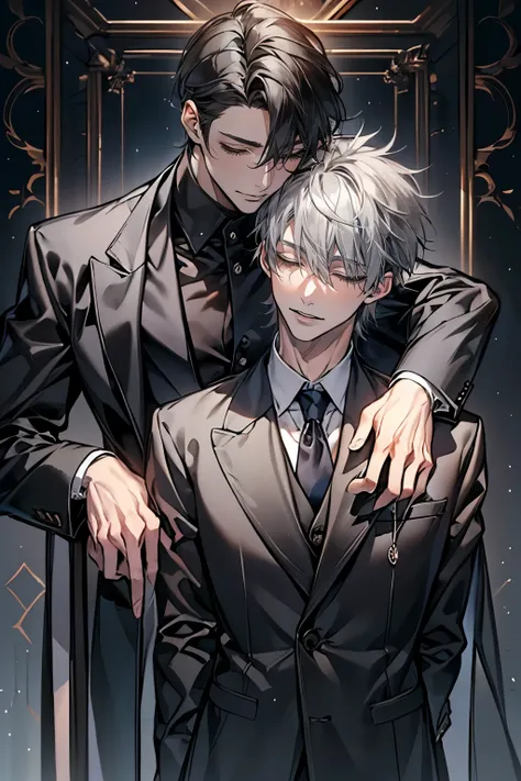 (Mastepiece), (Best Quality), Very detailed, ((Two Men:1.5)), Perfect Face, Beautiful Face, Very detailedな顔，(Black-haired man:1.3)，(Grey-haired man:1.3)，suit，shirt，Close ~ eyes