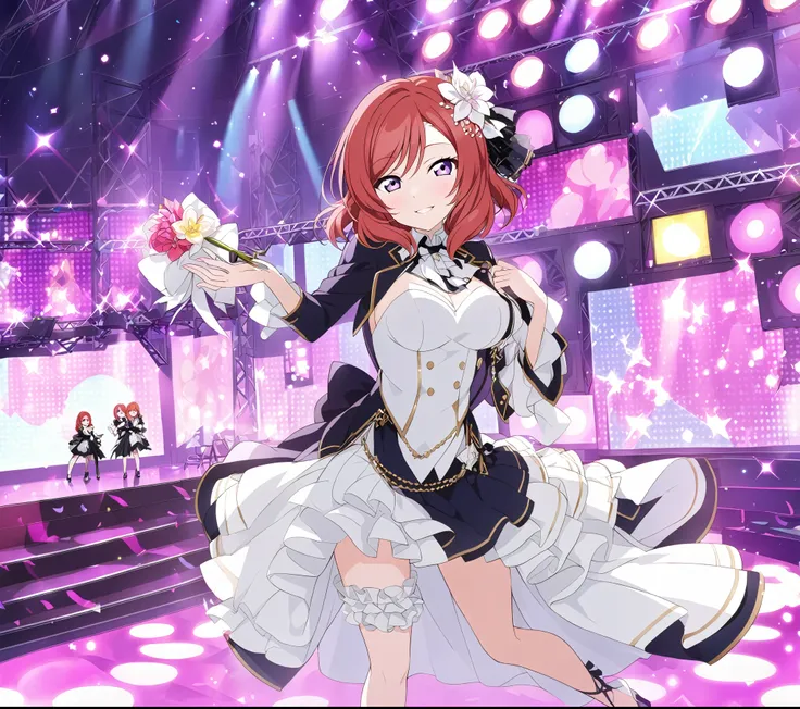 , live stage, big breasts, smiling face in formal dress　alone, maki nishikino, short hair, (purple eyes:1.1), redhead,