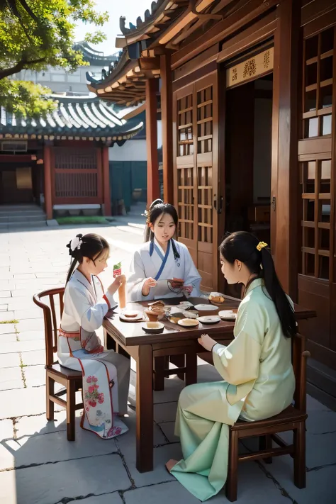 Painting of a group of people eating outside a building, Concept Art by Qu Leilei, cg Social Hotspot, Concept Art, Beautiful rendering of the Tang Dynasty, A beautiful artistic illustration, Chinese Village, Ancient Chinese Art Style, Beautiful character p...