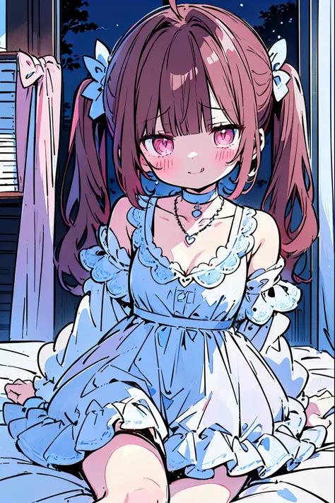 {{{{masterpiece}}}}, {{{Super detailed}}}, {{{high resolution}}},{{high resolution:1.3}}, {{good anatomy}}, (((best quality))), ((on the bed,indoor,blue theme,anime style,anime girl)),(((pink eyes,brown hair))),(big perfect eyes),((yandere,dark eyelash)),(...