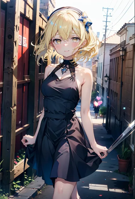 アイスWallenstein, Wallenstein, blonde, Hair between the eyes, hair band, Long Hair, (Yellow Eyes:1.5),happy smile, smile, Shut your mouth.,smile,blush,Blue sleeveless dress,Bare arms,Bare neck,Heart Pendant,Long skirt,Cute Sandals,sunny,walking,whole bodyがイラ...