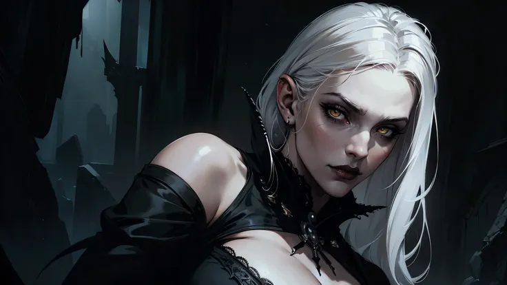 woman with white hair and yellow eyes in black bra, very big breasts, vampire girl, dark, but detailed digital art, dark fantasy...