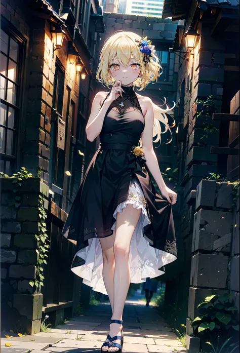 アイスWallenstein, Wallenstein, blonde, Hair between the eyes, hair band, Long Hair, (Yellow Eyes:1.5),happy smile, smile, Shut your mouth.,smile,blush,Blue sleeveless dress,Bare arms,Bare neck,Heart Pendant,Long skirt,Cute Sandals,sunny,walking,whole bodyがイラ...