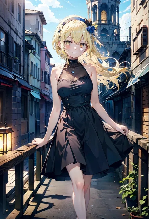 アイスWallenstein, Wallenstein, blonde, Hair between the eyes, hair band, Long Hair, (Yellow Eyes:1.5),happy smile, smile, Shut your mouth.,smile,blush,Blue sleeveless dress,Bare arms,Bare neck,Heart Pendant,Long skirt,Cute Sandals,sunny,walking,whole bodyがイラ...