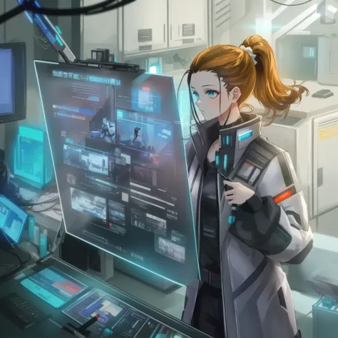 (ponytail forehead hair pulled back:1.3), arafed woman in a futuristic suit standing in front of a computer, elite scientist, cyberpunk themed art, futuristic scientific laboratory, futuristic laboratory, futuristic chemistry lab, advanced digital cyberpun...