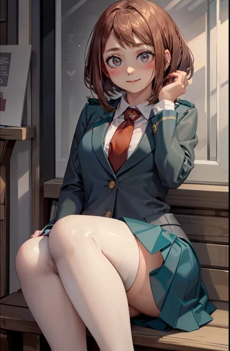 Ochaco is a  girl with a curvaceous figure., Fair skin, Reddish brown hair and matching eye color,. Her cheeks have a perpetual pink blush, and彼女の目は大きくて丸く、Thick upper eyelashes, Two more lines on each side that stand out.、and少数ですがより個別に目立つDownまつげ. Her hair ...