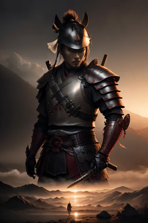 a samurai warrior, detailed facial features, intricate samurai armor, katana sword, standing in a misty japanese landscape, dramatic lighting, cinematic composition, digital art, hyper realistic, 8k, photorealistic