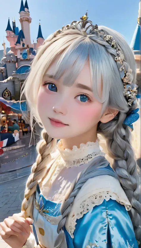 masterpiece、highest quality、Beautiful woman、One Girl、Young maiden、detailed_face_pupil、かわいいface、Silky silver hair、French Braid、Eyebrow problems、Troubled expression、blush、Adorable、amusement park、Disneyland Castle、