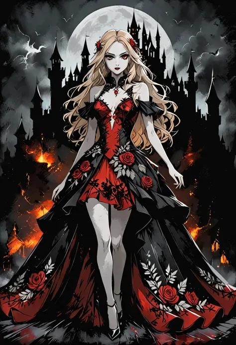 Dark fantasy art, fantasy art, goth art,  a picture of a female vampire, exquisite beauty, full body shot, dark glamour shot,  pale white skin, blond hair, long hair, wavy hair, (glowing grey: 1.3) eyes,  she  wears a (red: 1.3) red dress, ArmoredDress, th...