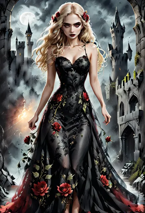 modisn disney, Dark fantasy art, fantasy art, goth art,  a picture of a female vampire, exquisite beauty, full body shot, dark glamour shot,  pale white skin, blond hair, long hair, wavy hair, (glowing grey: 1.3) eyes,  she  wears a (red: 1.3) red dress, A...