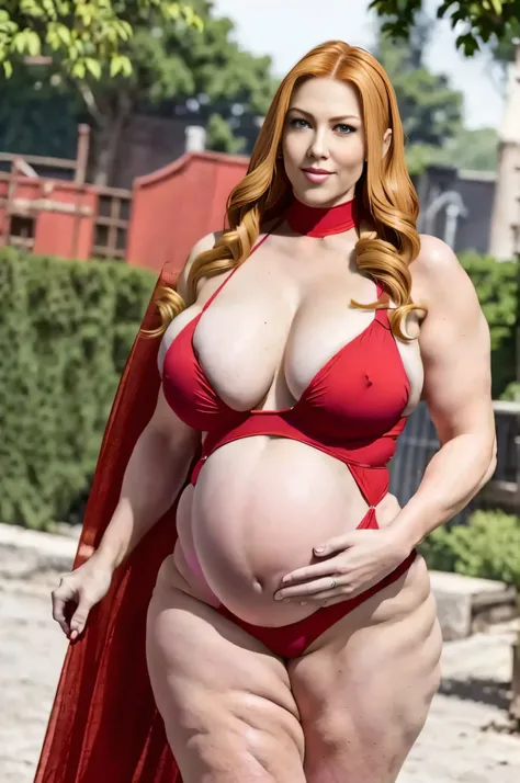 Rachel, Pregnant women, Portrait of a 40-year-old woman with very long light red hair, very voluptuous body, Mature 40 year old woman, Sexy smile, 8k, Detailed Background, Surreal, realism, Pool, Browsing Caution, Pink high neck leotard, showing whole body...