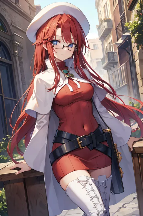 summonnightaty, aty, (young:1.3),long hair, blue eyes, red hair, large_beret, hat, glasses,
BREAK long hair, thighhighs, hat, dress, boots, glasses, belt, cape, sweater, zettai ryouiki, beret, thigh boots, white footwear, ribbed sweater, loose belt,solo,
B...