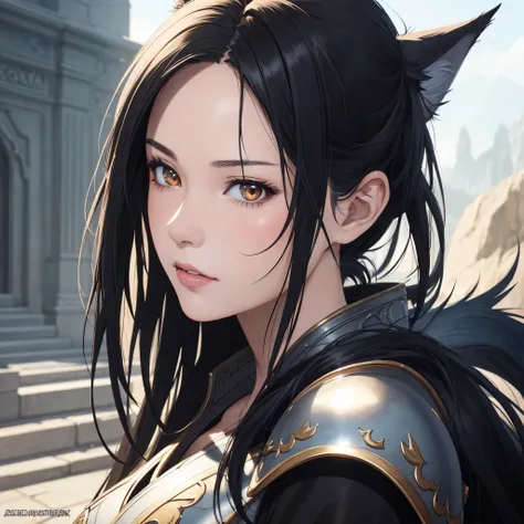 Close up portrait of girl,wolf ears,wolf tail, detailed fantasy art, Stunning character art, fanart best artstation, epic exquisite character art, Beautiful armor, very detailed Artgerm, Detailed Digital Anime Art, ArtGerm on ArtStation Pixiv, from side