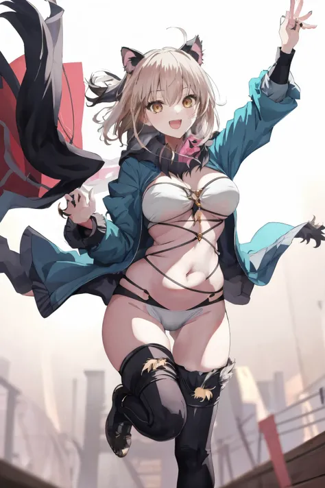 masterpiece, best quality,extremely detailed CG unity 8k wallpaper,
1girl,okita souji (fate),
 smile,open_mouth,jumping,middle_breasts,navel,thighs,happy,gold_eyes,apart_thighs,apart_knees,rising_knee,,covered_pussy,dangerousbeast,(dangerousbeast:1.5),perf...