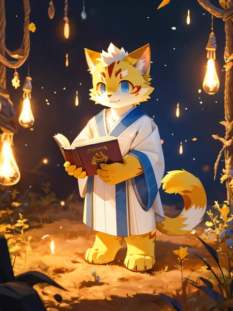 nj5furry，kemono，full-length portrait，anthro，hi res，juvenile，male，strong，White robe，Gold texture，Priest，Orange cat，Fluffy hair，White plush paw，Golden Eyes，Delicate eyes，Detailed eyes，Extremely high detail，8K HD characters，optimistic and cheerful，Holding a b...