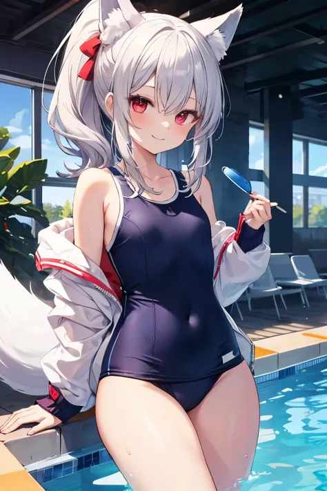 Silver Hair、Red Eye、Fox ears、girl、Small breasts、ponytail、girl、Small breasts、Lolita、Bright smile、Looks about 15 years old、Petan Musume、Short、目のhighlight、Sexy thighs、Wearing a school swimsuit、Pool、Your eyes are so beautiful、highlight