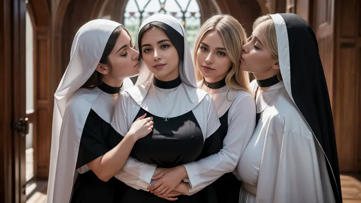 three girls, lesbian nuns, masterpiece,best qualtiy,hdr, hyper HD, 8K,Bokeh,Ultra-fine painting,Sharp focus,Physically-based rendering,Extreme detail description,full-body photo, in a monastary, looking at viewer, (big breasts:1.3), (kissing:1.2), dressed ...