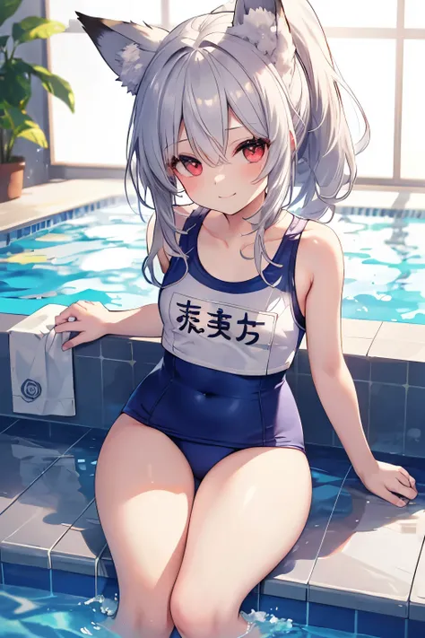 Silver Hair、Red Eye、Fox ears、girl、Small breasts、ponytail、girl、Small breasts、Lolita、Bright smile、Looks about 15 years old、Petan Musume、Short、目のhighlight、Sexy thighs、Wearing a school swimsuit、Pool、Your eyes are so beautiful、highlight