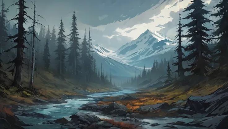 masterpiece, best quality, beautiful illustration, anime style, horror, close up, Alaskas vast wilderness, background, concept art, Spooky atmosphere, Spooky and terrifying Disturbing, Creeps, landscape painting.