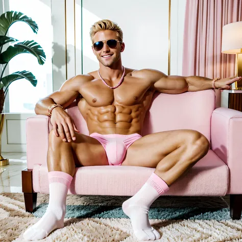 full view full body, 25 yo white tanned and bodybuilded blond with perfect haircut Ryan Gossling as Ken wearing light-pink fashion clothes, in pink socks, rings, jewelery, sunglasses, smiling, lying on armchair in his pink socks ,shoeless, showing off his ...