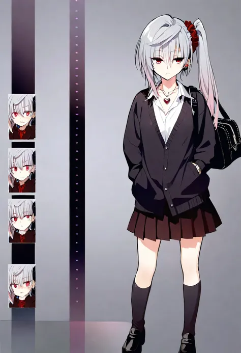 One Girl,whole body,Are standing,Dynamic,Concept Art,Side Ponytail,Scrunchie,Heart Shaped Necklace,Grey Hair,Light pink gradient hair,Beauty,Rin々Funny face,cool,18-year-old,Stylish,Height: 168cm,Long bangs that reach between the eyes,Black pleated skirt,Lo...