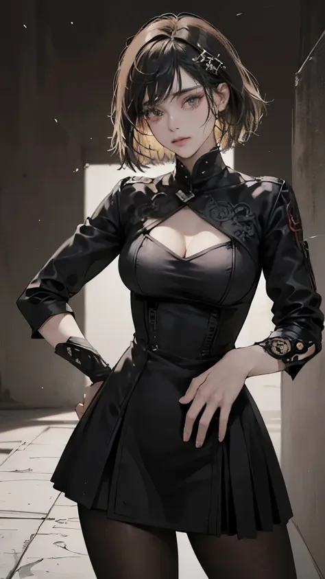 ((top-quality)), (((​masterpiece)), (detaileds: 1.4), 3d, beautiful cyberpunk woman image, bob cuts, broken black tights, leathe...